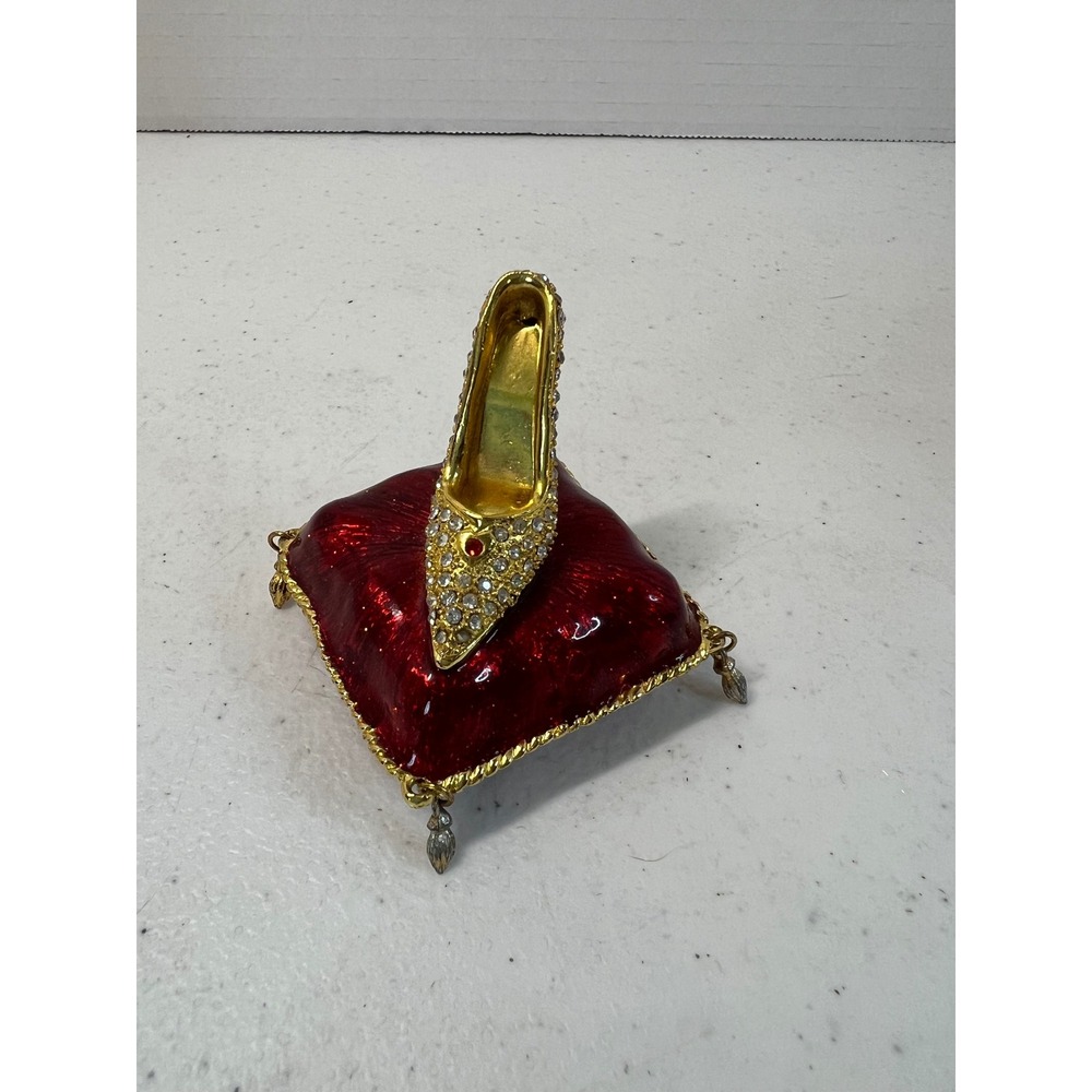 Vintage Enamel High Heel Shoe on Red‎ Pillow Trinket Box Rhinestone Jeweled Gold